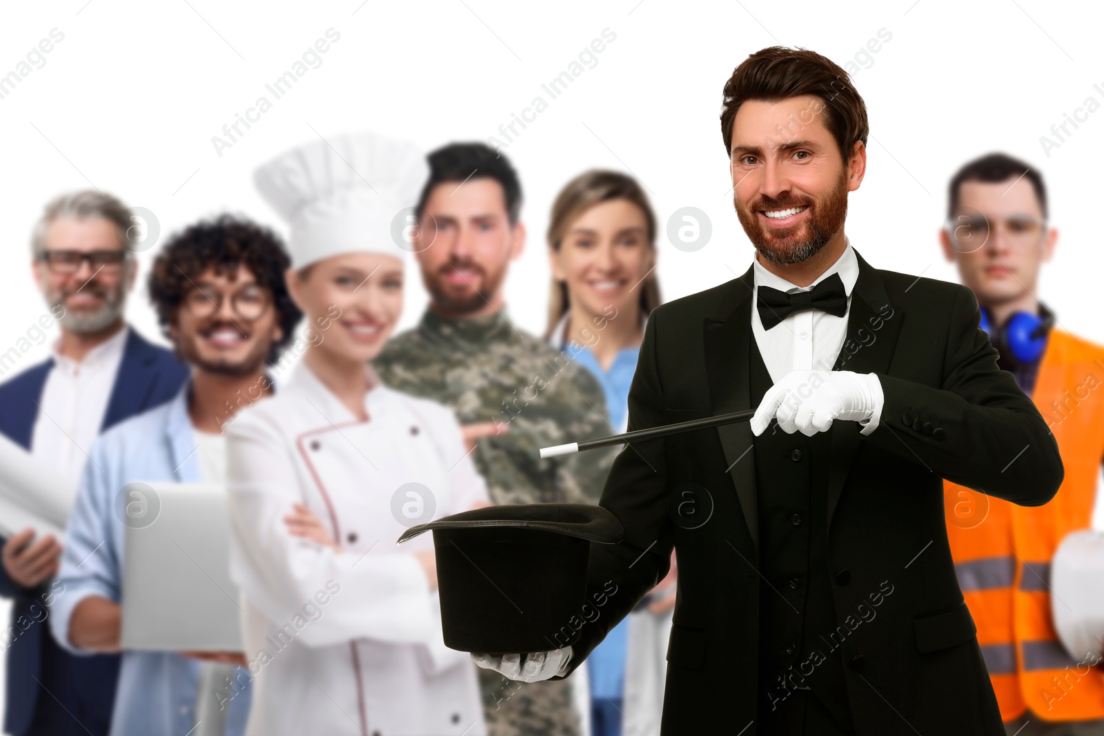 Image of Illusionist and people of other professions on white background, selective focus