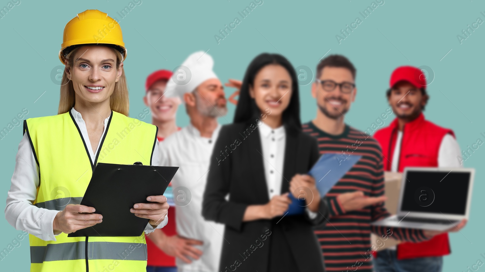 Image of Engineer and people of other professions on turquoise background, selective focus. Banner design