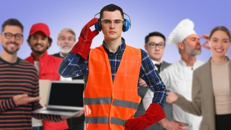 Image of Technician and people of other professions on violet blue background, selective focus. Banner design