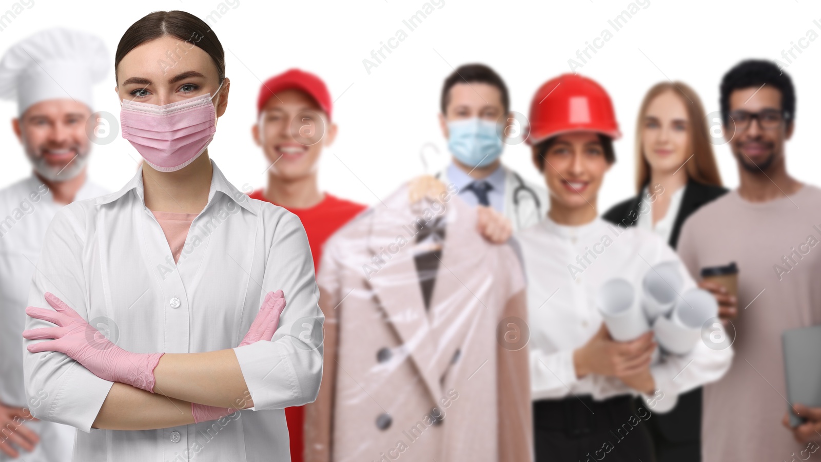 Image of Healthcare worker and people of other professions on white background, selective focus. Banner design