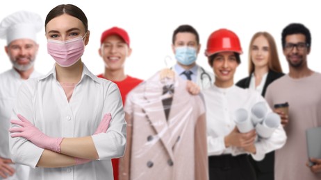 Image of Healthcare worker and people of other professions on white background, selective focus. Banner design