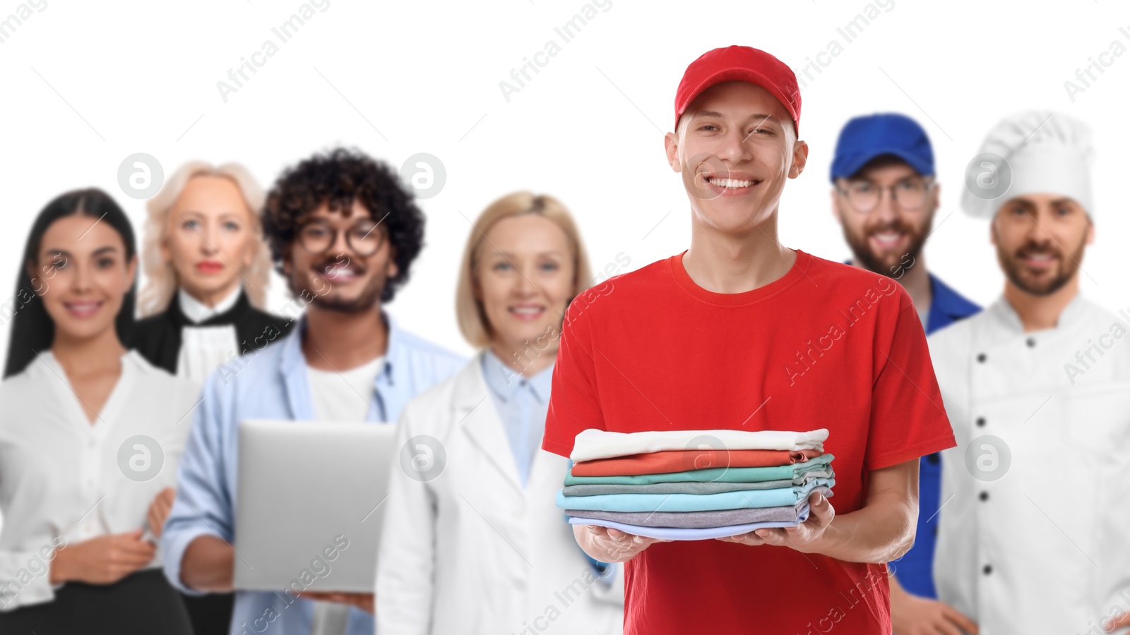 Image of Dry-cleaning worker and people of other professions on white background, selective focus. Banner design