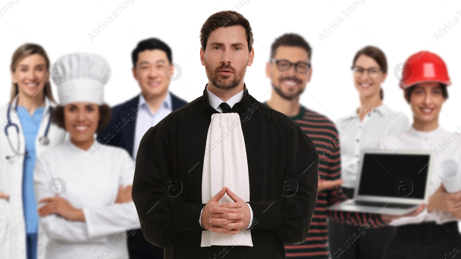 Image of Judge and people of other professions on white background, selective focus. Banner design