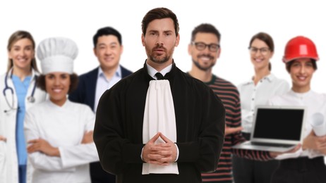 Judge and people of other professions on white background, selective focus. Banner design