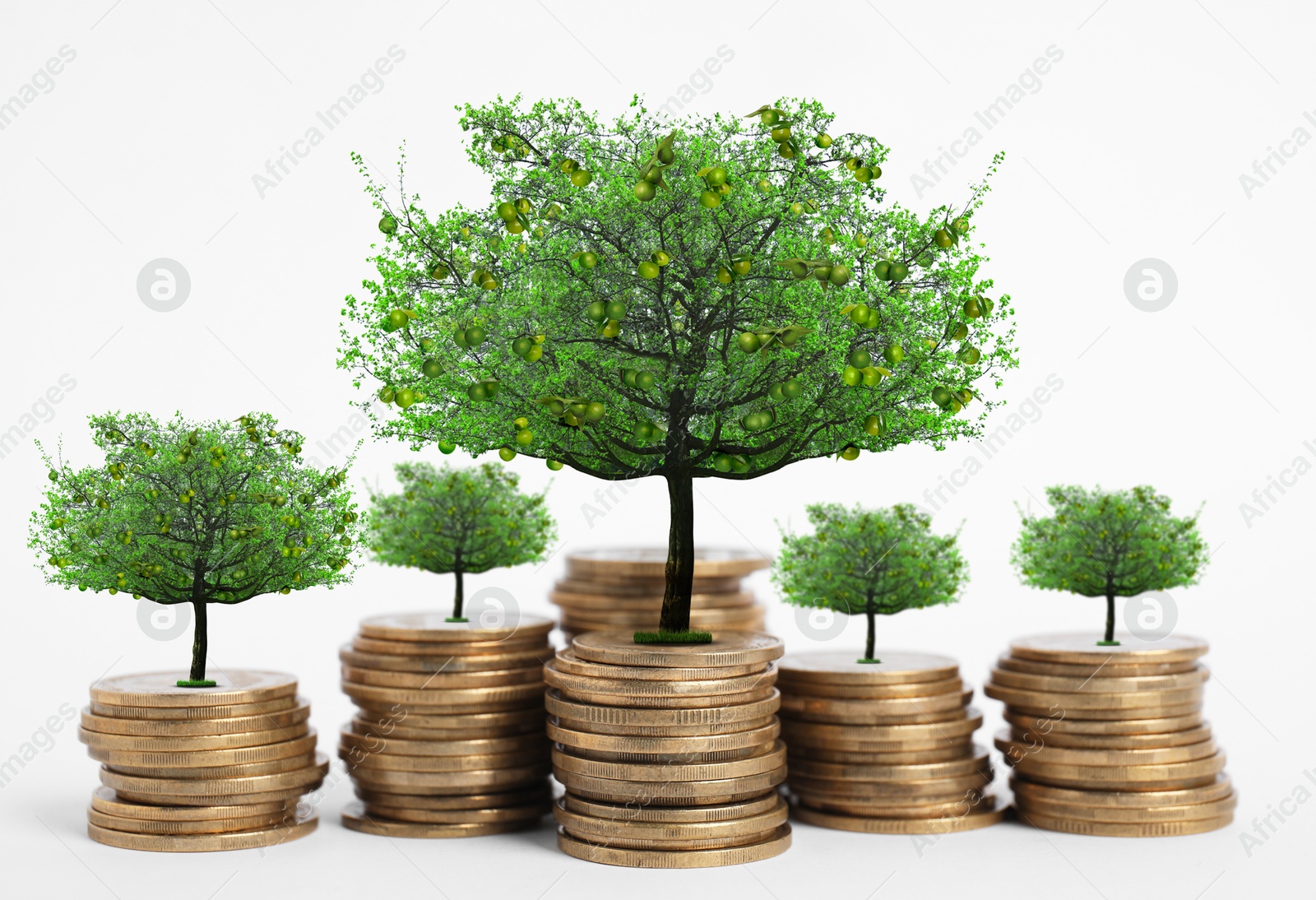 Image of Stacked coins with tiny green trees on white background