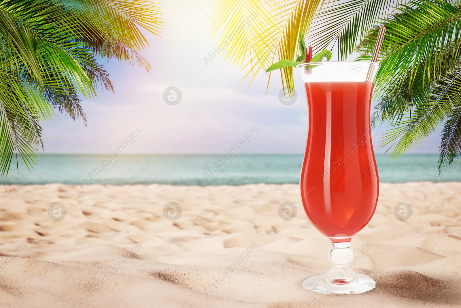 Image of Summer beach with delicious cocktail, palm trees and golden sand, space for text