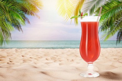 Image of Summer beach with delicious cocktail, palm trees and golden sand, space for text