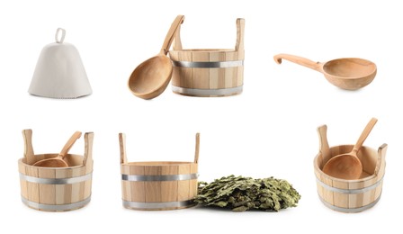 Image of Different sauna items isolated on white, set