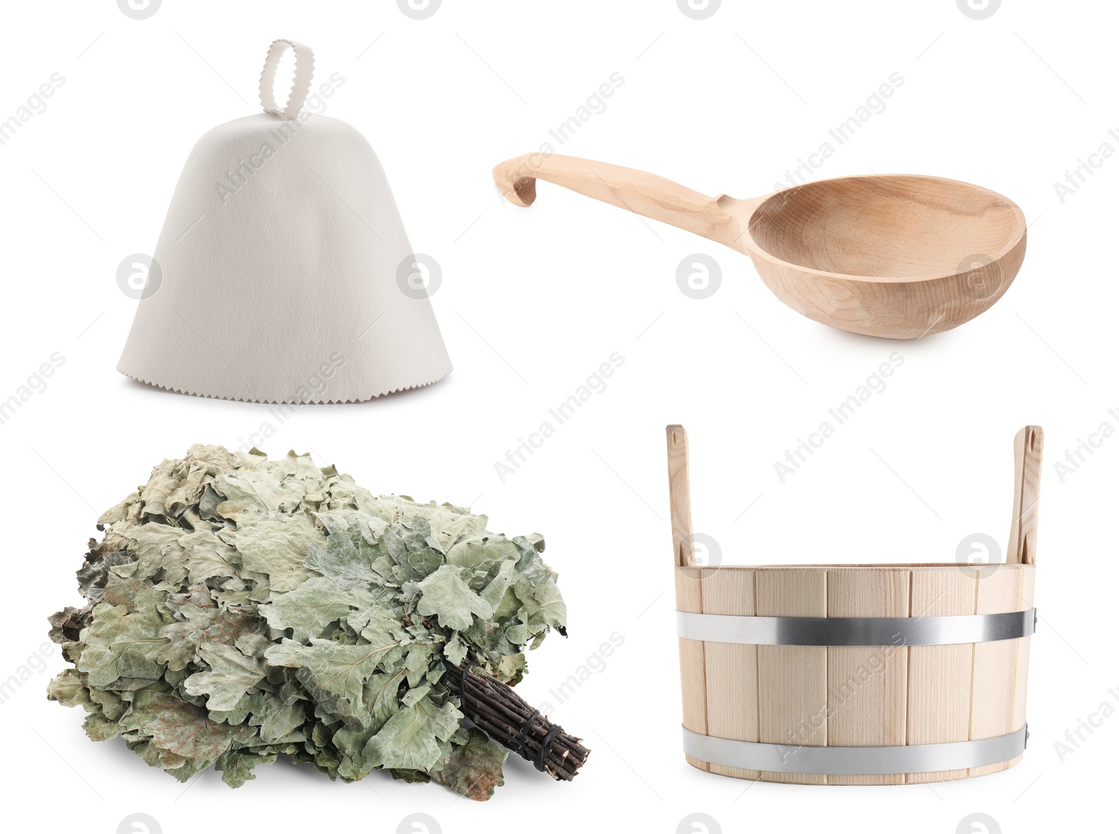 Image of Different sauna items isolated on white, set