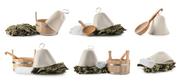 Image of Different sauna items isolated on white, set