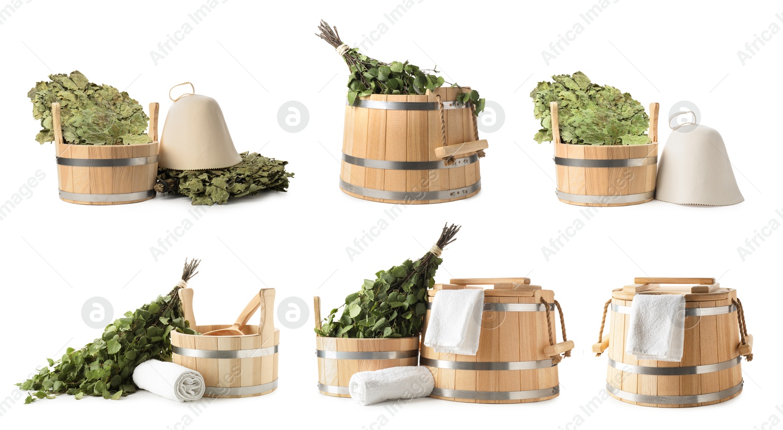 Image of Different sauna items isolated on white, set