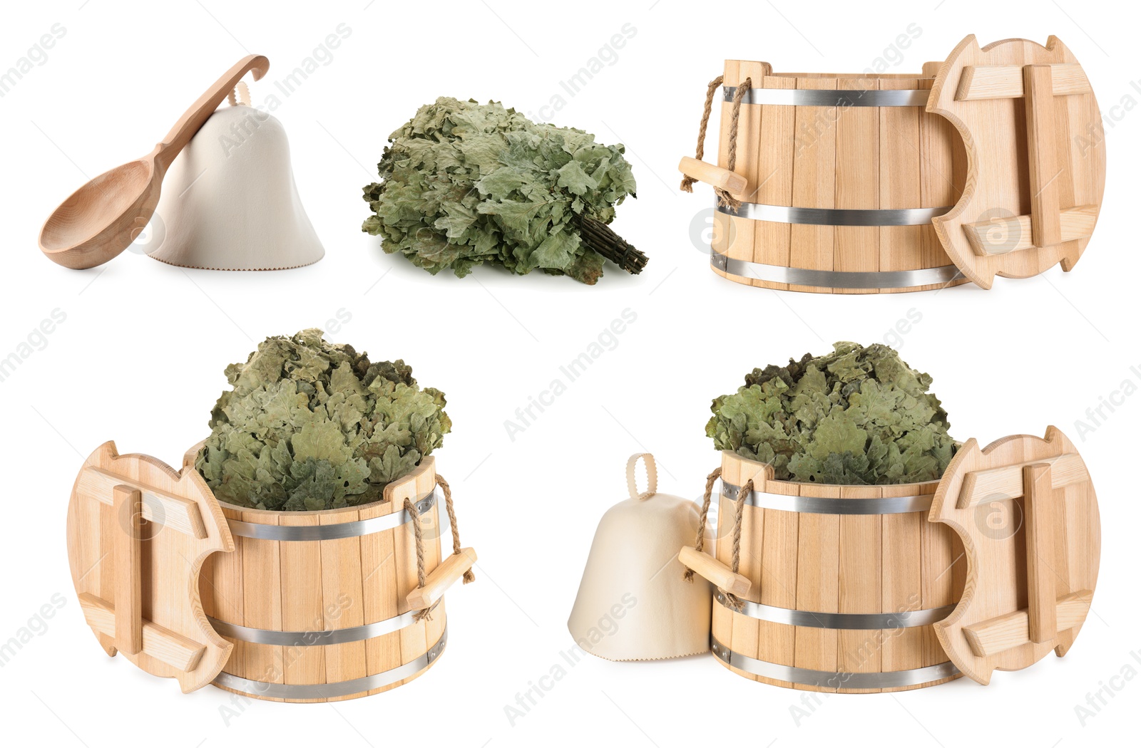 Image of Different sauna items isolated on white, set