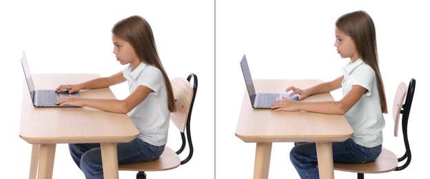 Image of Good and bad posture, collage. Girl using laptop at wooden desk on white background