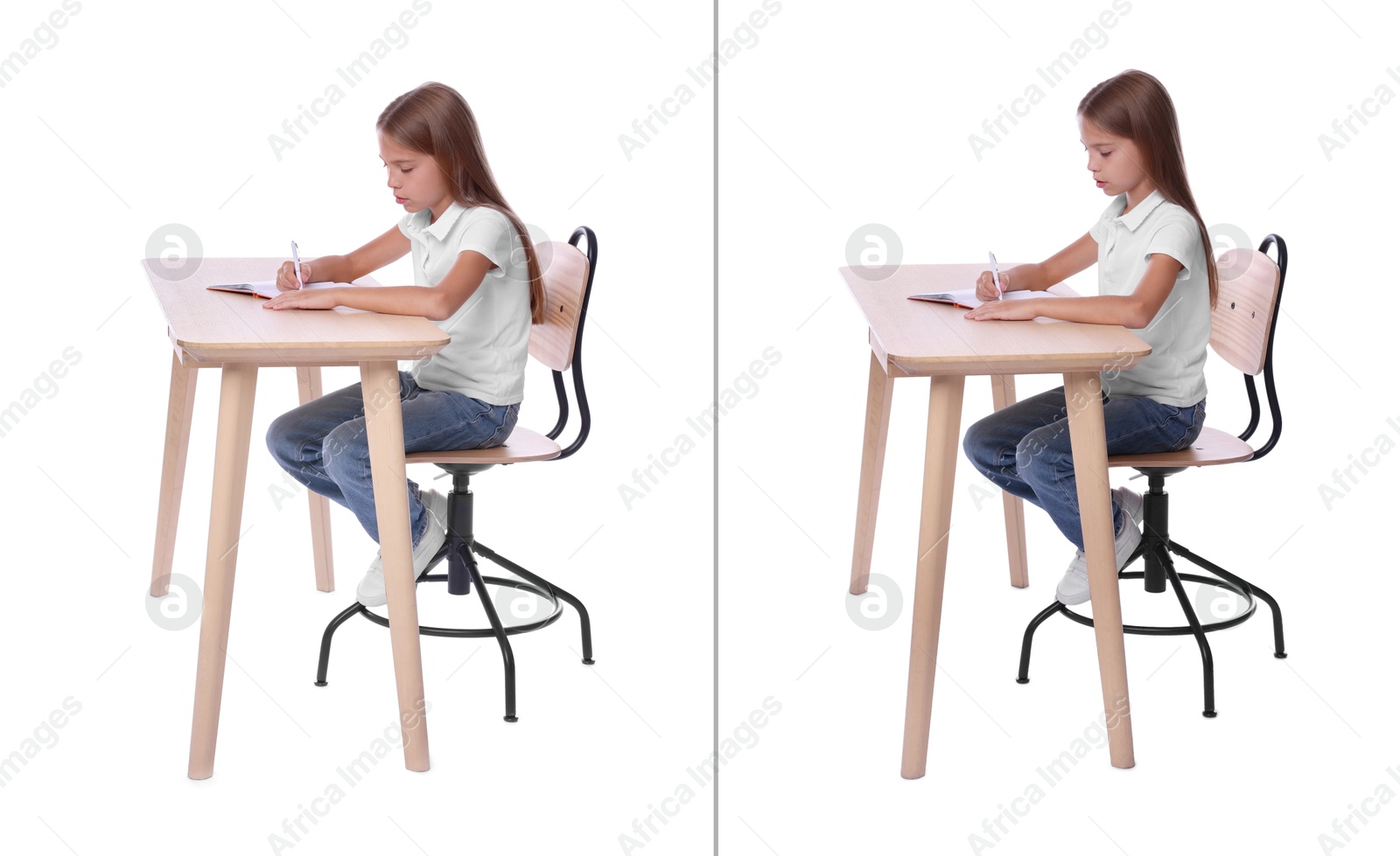 Image of Good and bad posture, collage. Girl writing in notebook at wooden desk on white background