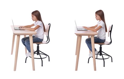 Image of Good and bad posture, collage. Girl using laptop at wooden desk on white background