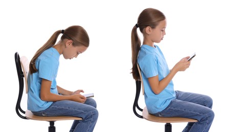 Image of Good and bad posture, collage. Girl sitting on chair and using mobile phone against white background