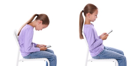 Good and bad posture, collage. Girl sitting on chair and using mobile phone against white background