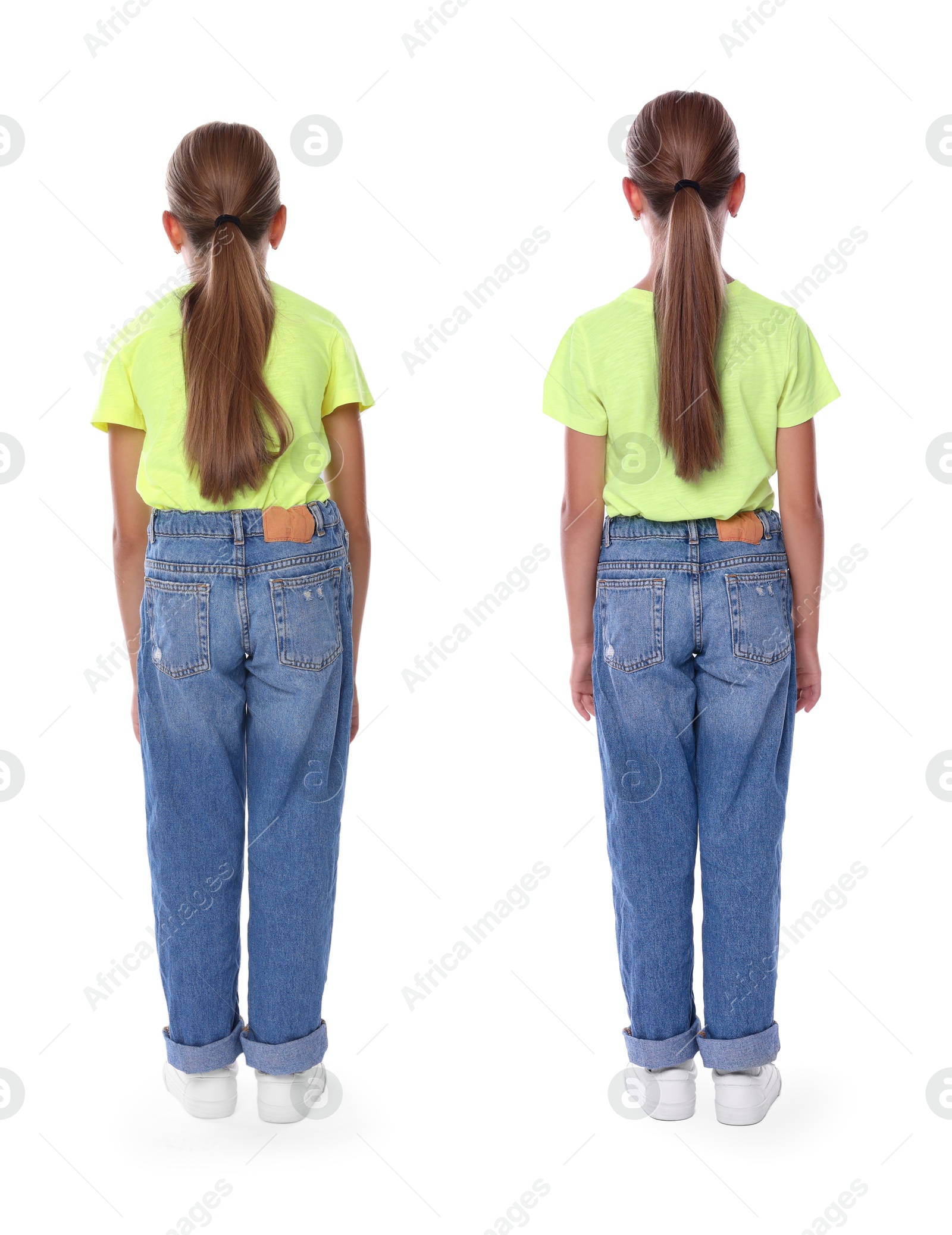 Image of Good and bad posture, collage. Girl standing on white background, back view