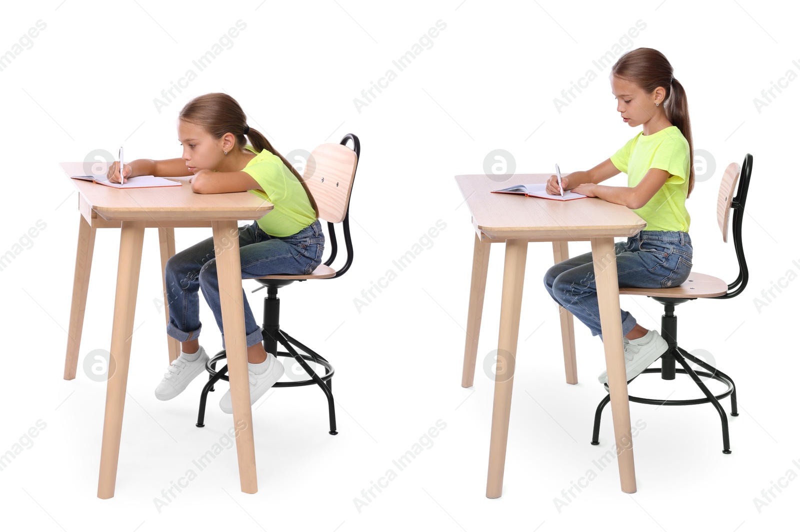 Image of Good and bad posture, collage. Girl writing in notebook at wooden desk on white background