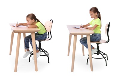 Image of Good and bad posture, collage. Girl writing in notebook at wooden desk on white background