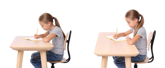 Good and bad posture, collage. Girl writing in notebook at wooden desk on white background