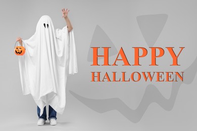 Happy Halloween card with woman in ghost costume on light grey background