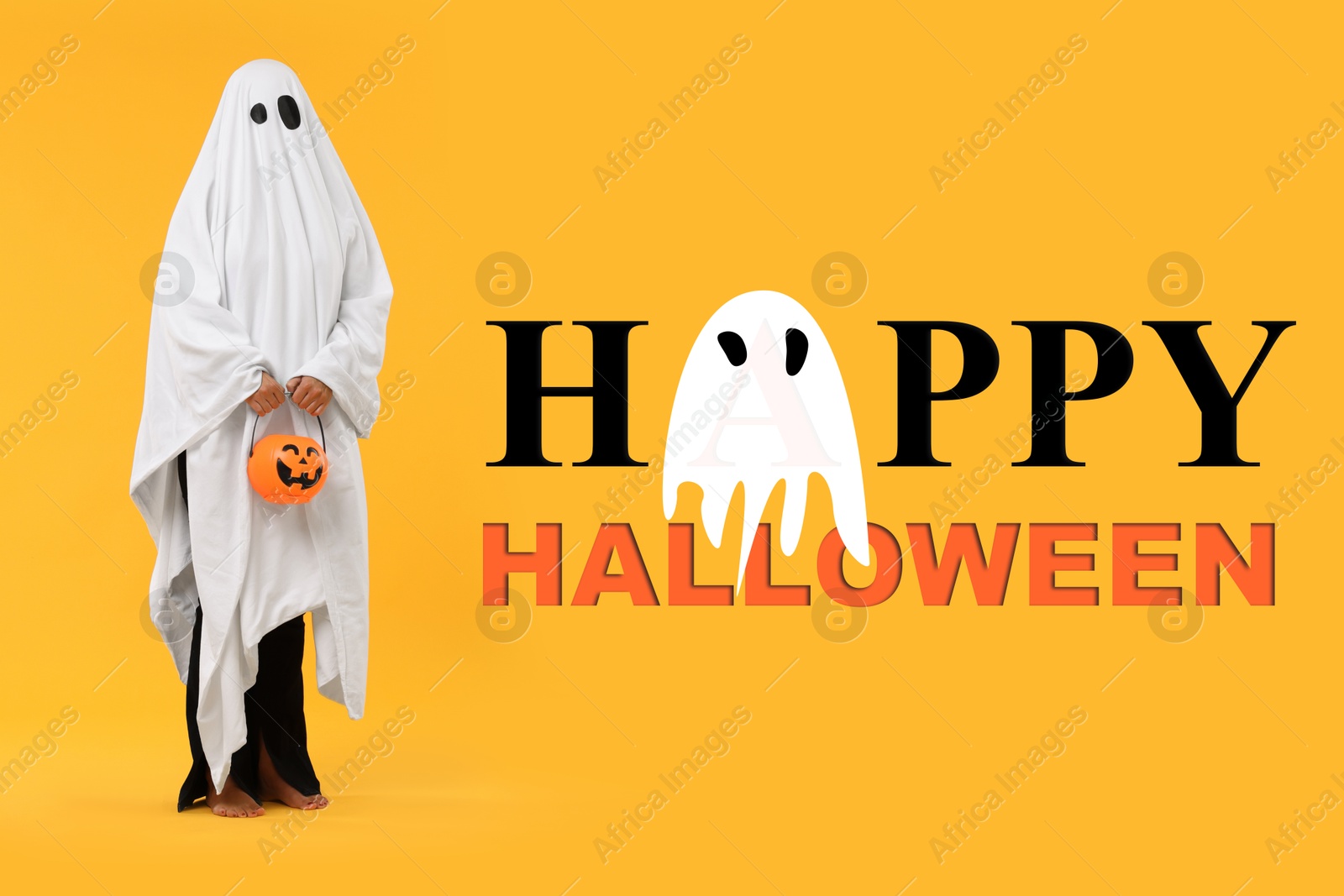 Image of Happy Halloween card with woman in ghost costume on orange background