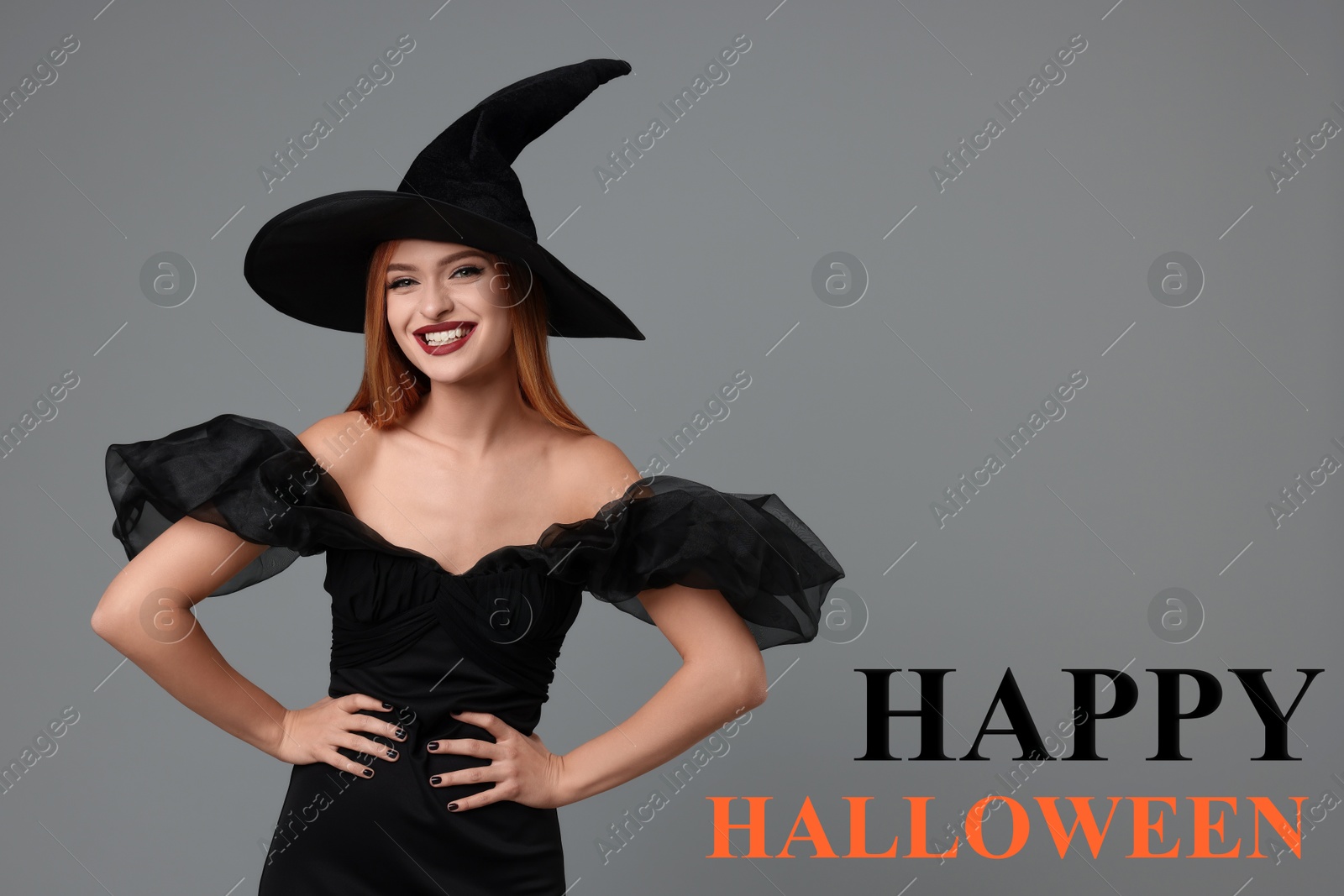 Image of Happy Halloween card with woman dressed like witch on grey background