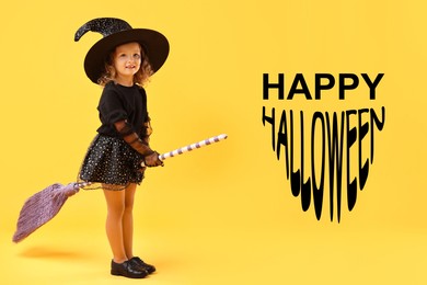 Happy Halloween card. Girl dressed like witch with broom on yellow background