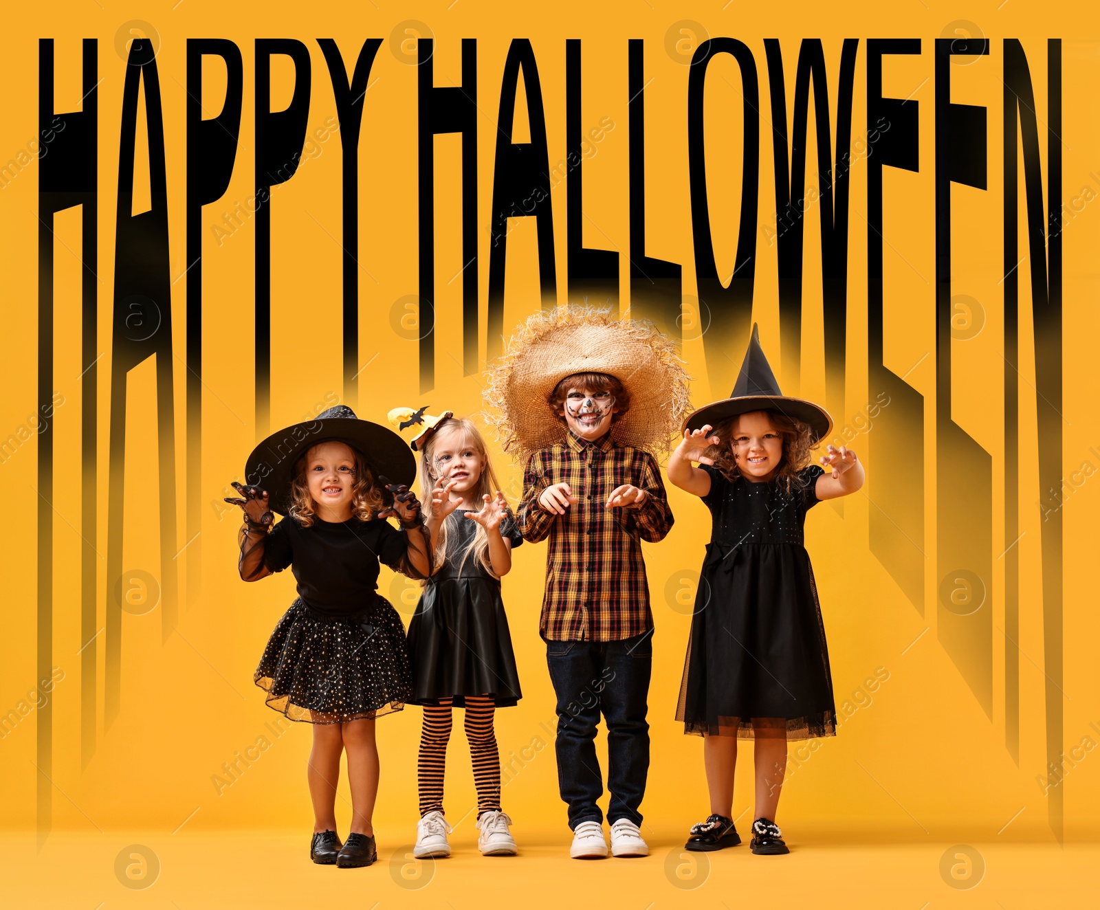 Image of Happy Halloween card with little friends in scary costumes on orange background