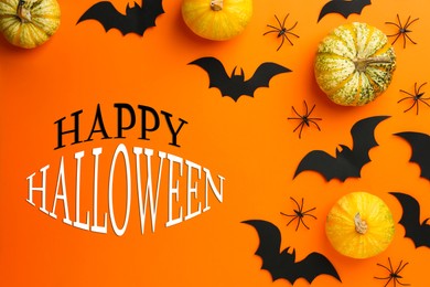 Image of Happy Halloween text, pumpkins and bats on orange background, top view. Greeting card