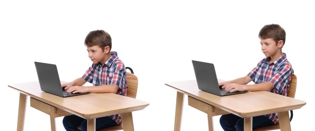 Good and bad posture, collage. Boy using laptop at wooden desk on white background