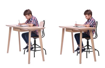 Good and bad posture, collage. Boy writing in notebook at wooden desk on white background