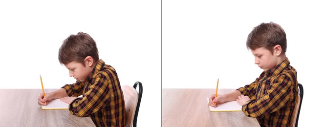 Good and bad posture, collage. Boy writing in notebook at wooden desk on white background