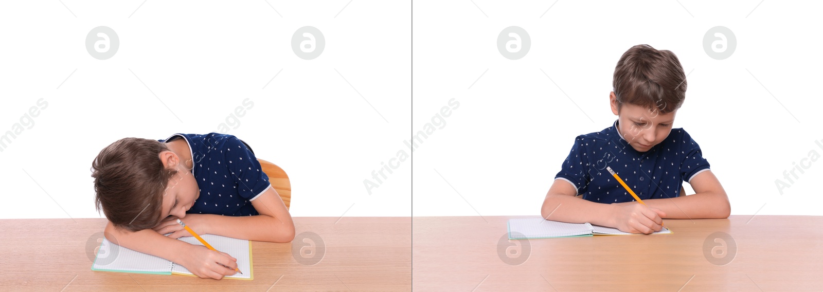 Image of Good and bad posture, collage. Boy writing in notebook at wooden desk on white background