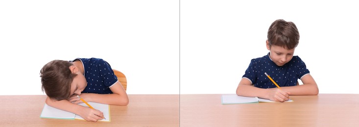 Good and bad posture, collage. Boy writing in notebook at wooden desk on white background