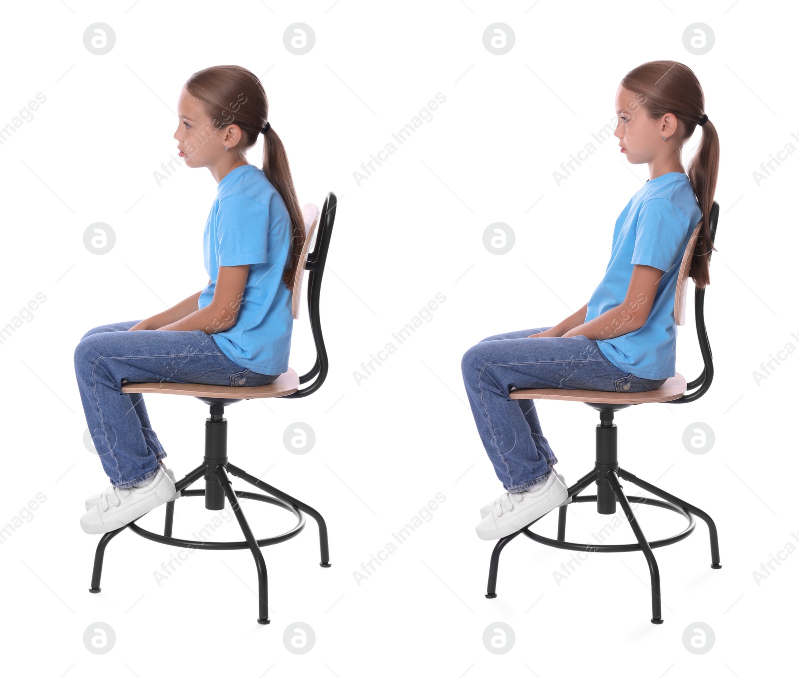 Image of Good and bad posture, collage. Girl sitting on chair against white background