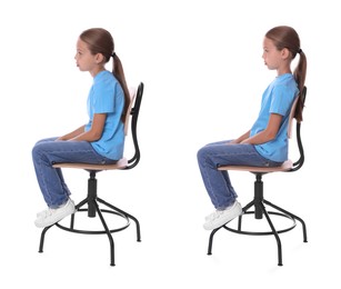 Image of Good and bad posture, collage. Girl sitting on chair against white background