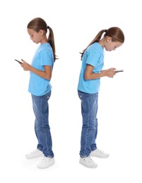 Image of Good and bad posture, collage. Girl using mobile phone against white background