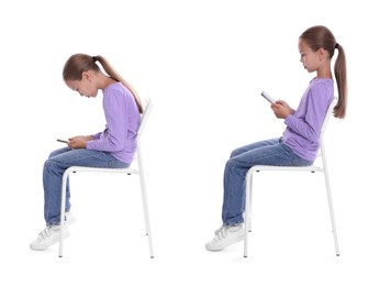 Good and bad posture, collage. Girl sitting on chair and using mobile phone against white background