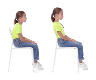 Good and bad posture, collage. Girl sitting on chair against white background