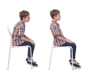 Good and bad posture, collage. Boy sitting on chair against white background