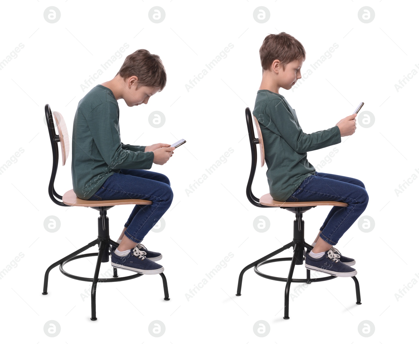 Image of Good and bad posture, collage. Boy sitting on chair and using mobile phone against white background