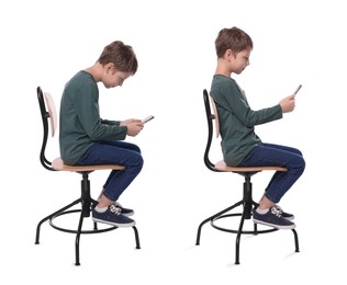 Good and bad posture, collage. Boy sitting on chair and using mobile phone against white background