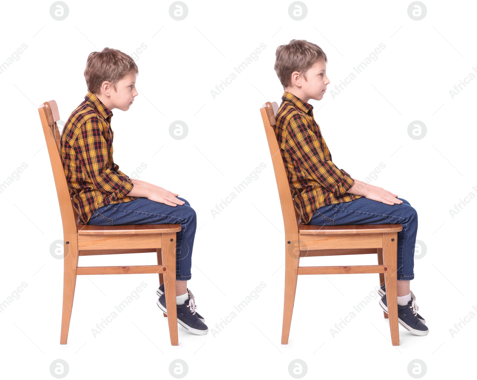 Image of Good and bad posture, collage. Boy sitting on chair against white background