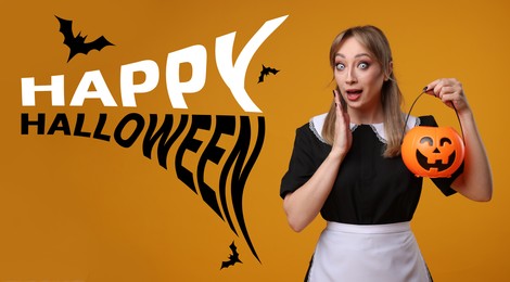 Happy Halloween card. Woman dressed like scary maid holding pumpkin bucket on orange background