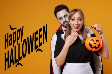 Image of Happy Halloween card with friends in scary costumes on orange background