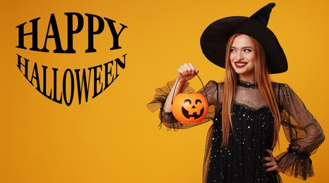 Image of Happy Halloween card. Woman dressed like witch holding pumpkin bucket on orange background