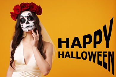 Happy Halloween card with woman dressed like dead bride on orange background