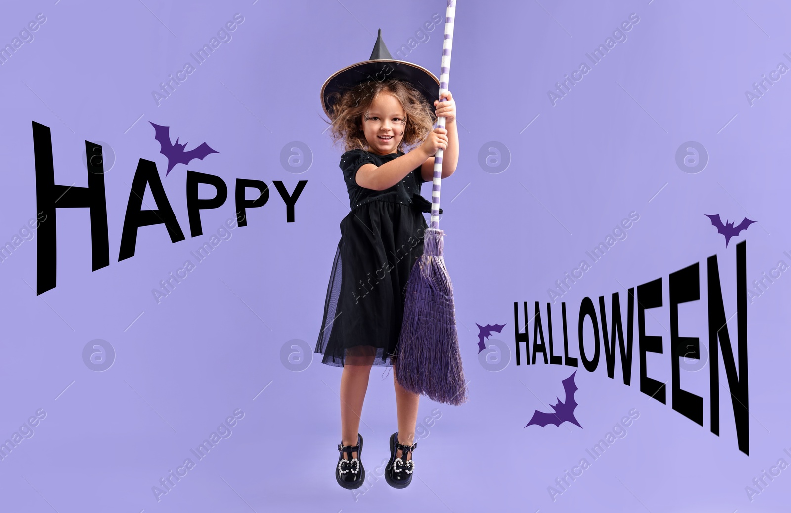 Image of Happy Halloween card. Girl dressed like witch holding broom on violet background